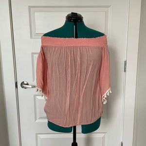 Coral Off the Shoulder Fringe Sleeve Blouse